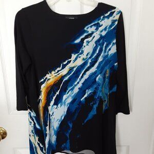Alfani Size Large Petite Black w/Blue & White Design Blouse w/ 3/4 Inch Sleeves